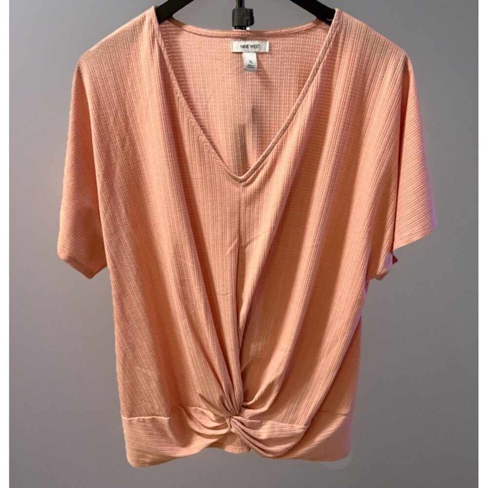 Nine West XL V-Neck Ribbed Knit Knot Front Top Pink Dolman Sleeve